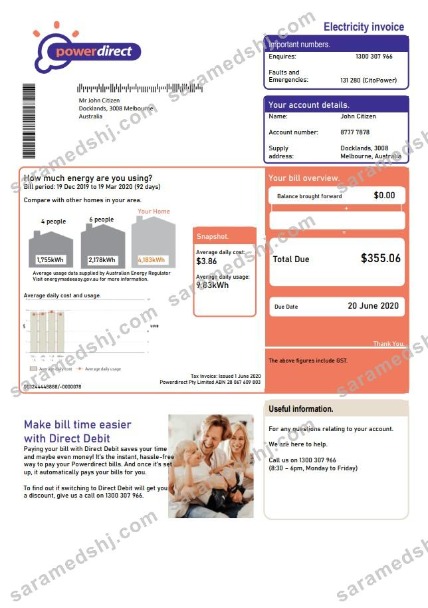 Australia Powerdirect electricity utility bill